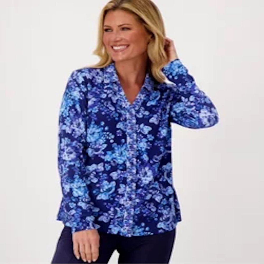 New Isaac Mizrahi Live! Mixed Print Button Front Blue Long Sleeve Shirt Size 3X